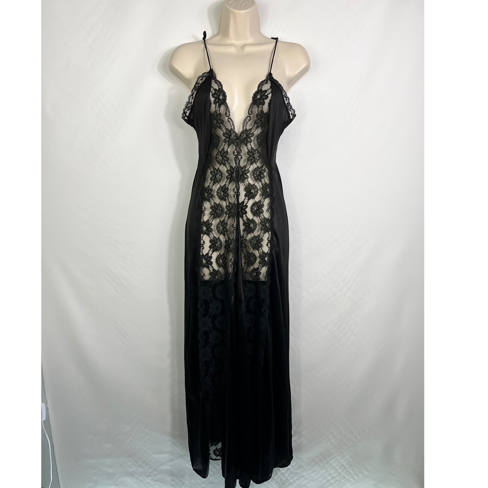 Val Mode Vintage Black Nylon Lace Maxi Nightgown Petite‎ Made in USA Lingerie
